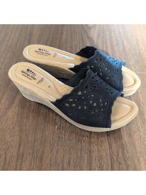 Spring Step Black Leather Laser Cut Slide Slip on Wedge Platform Sandal US 10.5